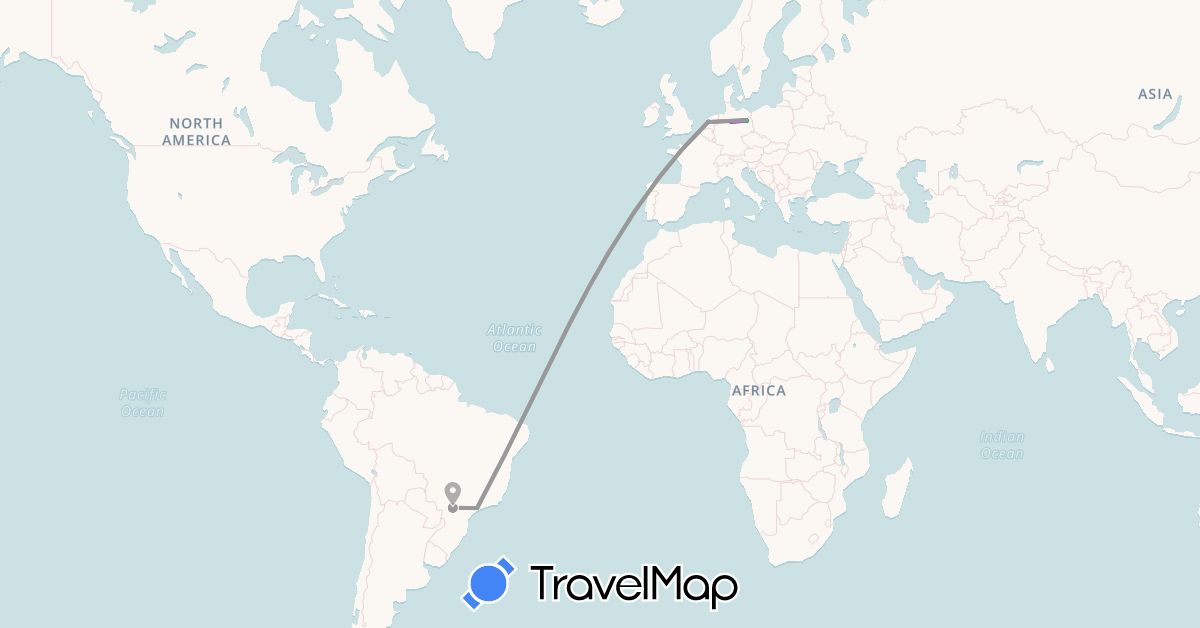 TravelMap itinerary: driving, bus, plane, train, hiking, boat in Brazil, Germany, Netherlands (Europe, South America)